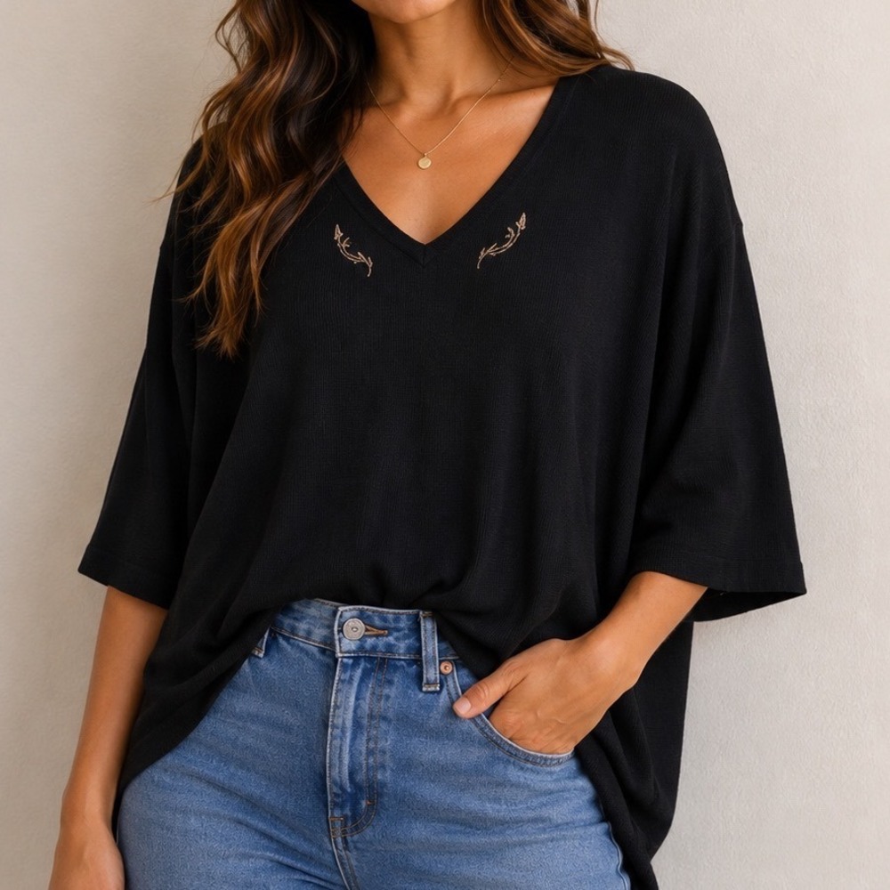 Vintage SILK Cotton Knit Top 1X Black Minimalist V Neck Embroidered 90s Blouse